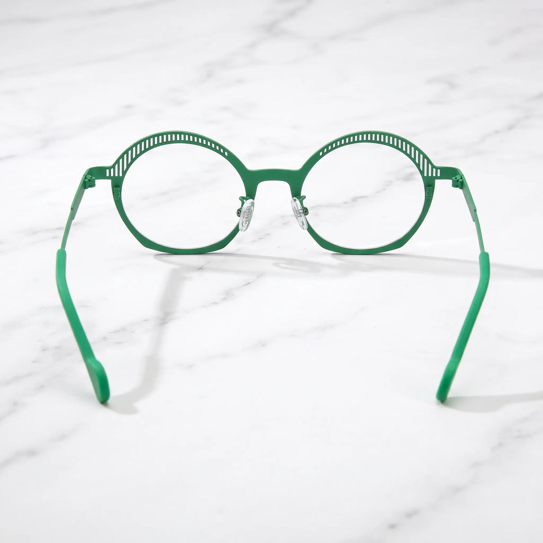 Barledear Meadow Mosaic eyeglasses back view showing adjustable clear silicone nose pads and prescription-ready titanium frame construction