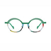 Barledear Meadow Mosaic eyeglasses front view with lightweight green titanium geometric oval frame and colorful mosaic lower rim