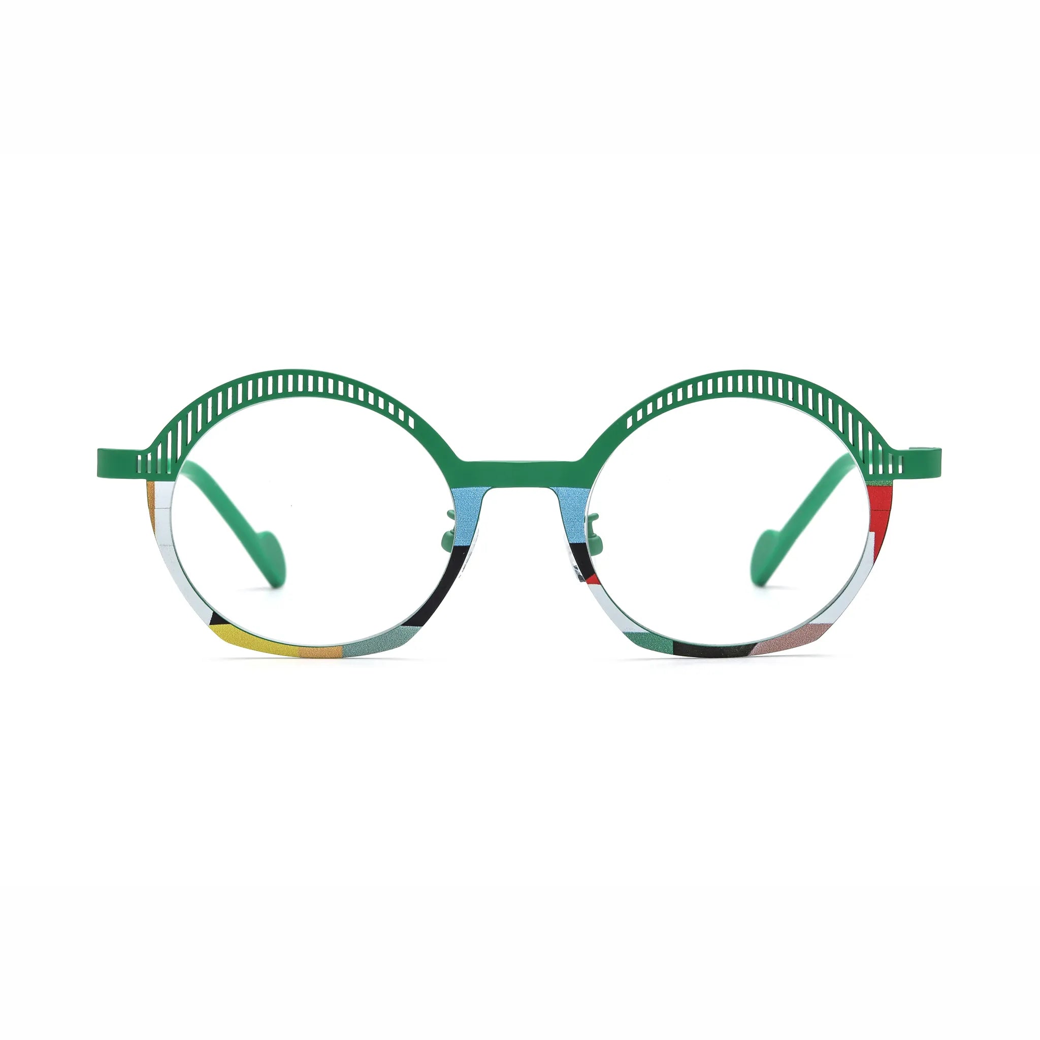 Barledear Meadow Mosaic eyeglasses front view with lightweight green titanium geometric oval frame and colorful mosaic lower rim