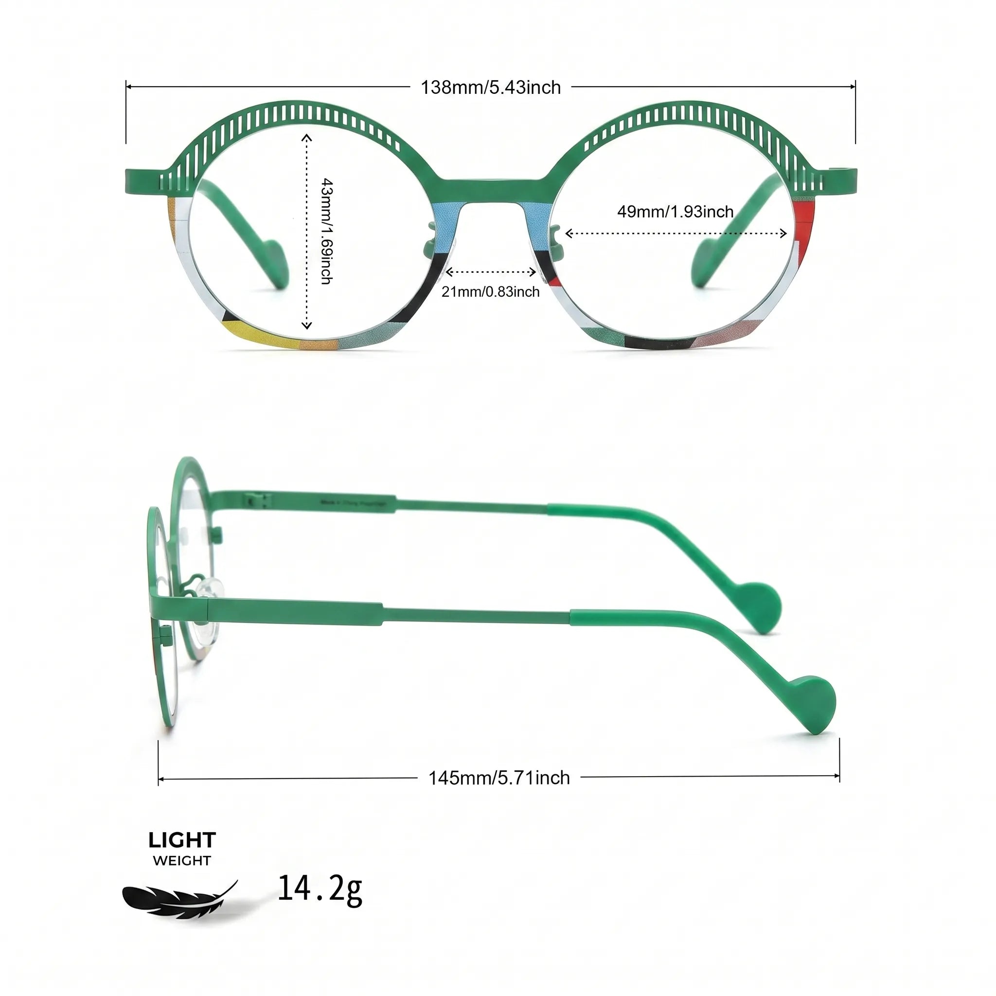 Barledear Meadow Mosaic eyeglasses size chart showing 138 mm frame width, 49 mm lens width, 43 mm lens height, 21 mm bridge, and 145 mm temple length