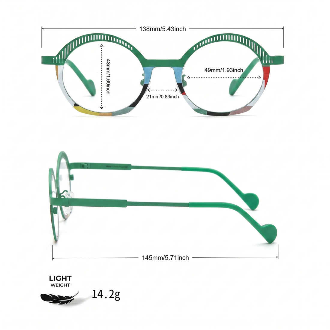 Barledear Meadow Mosaic eyeglasses size chart showing 138 mm frame width, 49 mm lens width, 43 mm lens height, 21 mm bridge, and 145 mm temple length