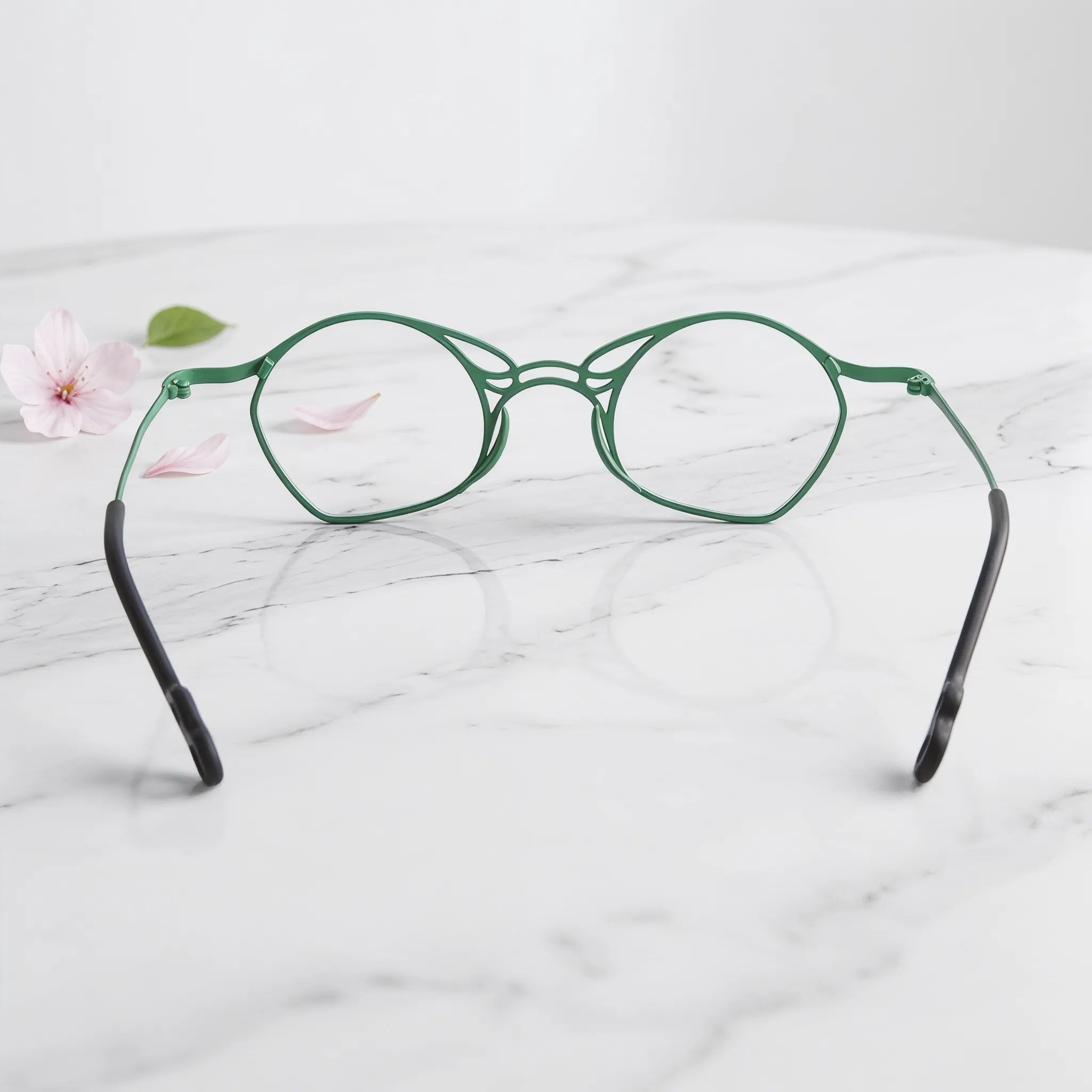 Barledear Meadow Mosaic Green eyeglasses back view showing temple shape and frame structure