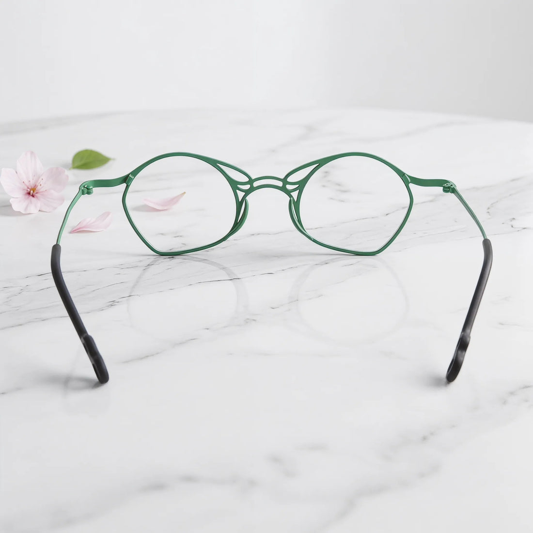 Barledear Meadow Mosaic Green eyeglasses back view showing temple shape and frame structure