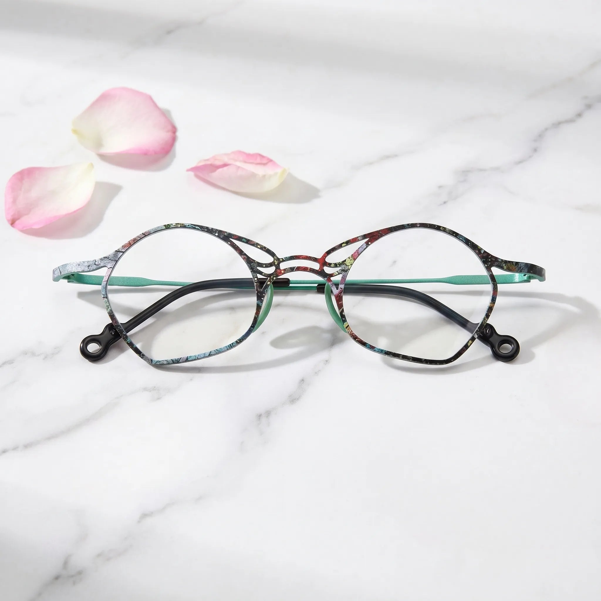 Barledear Meadow Mosaic Green eyeglasses folded display showing frame and temple design