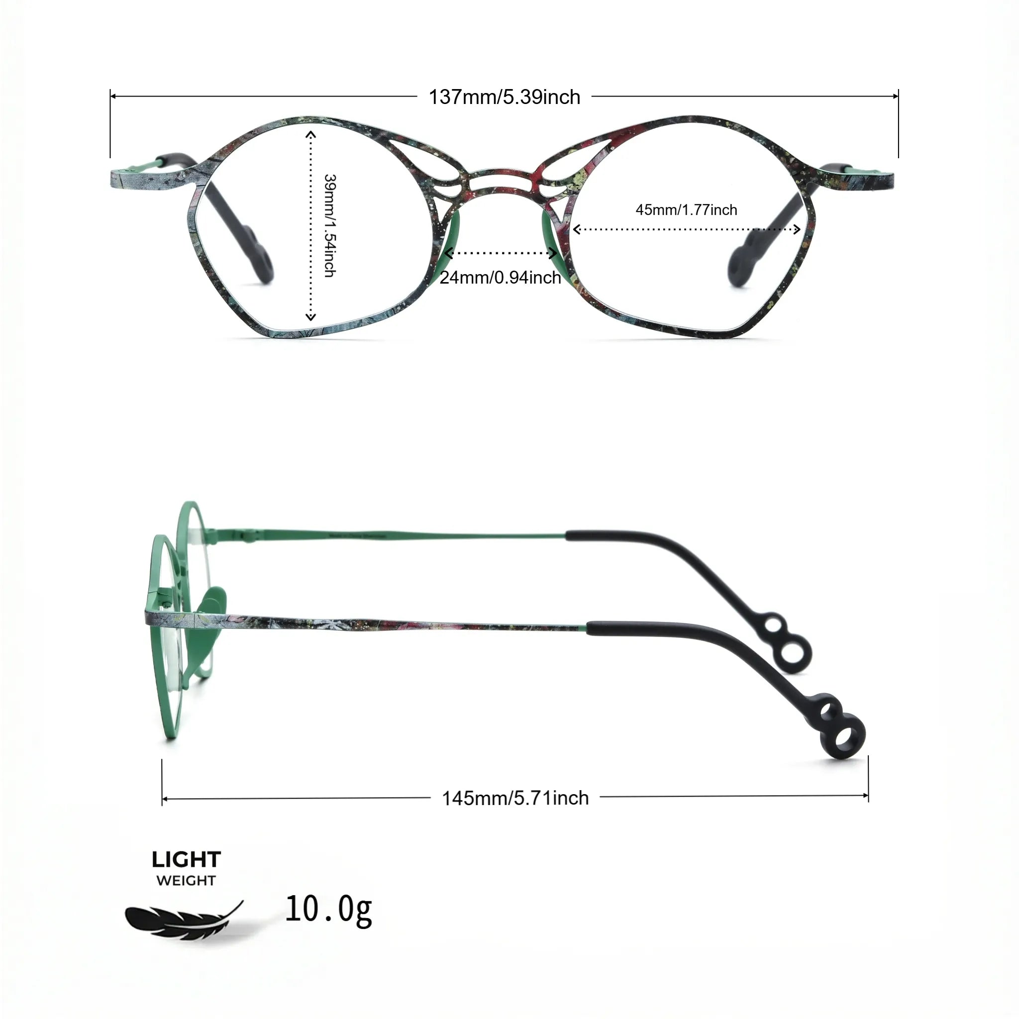 Barledear Meadow Mosaic Green eyeglasses size chart with frame width lens width bridge and temple measurements