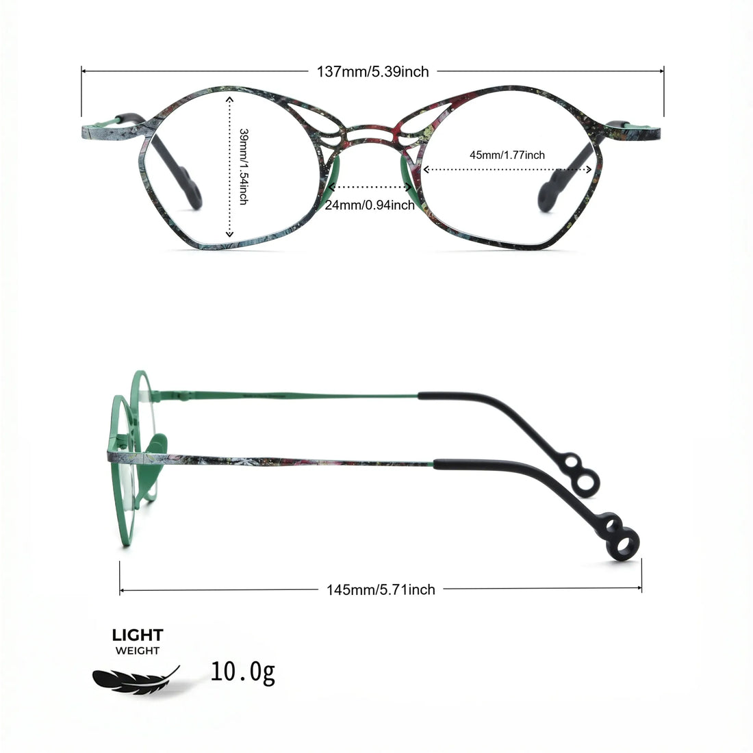 Barledear Meadow Mosaic Green eyeglasses size chart with frame width lens width bridge and temple measurements