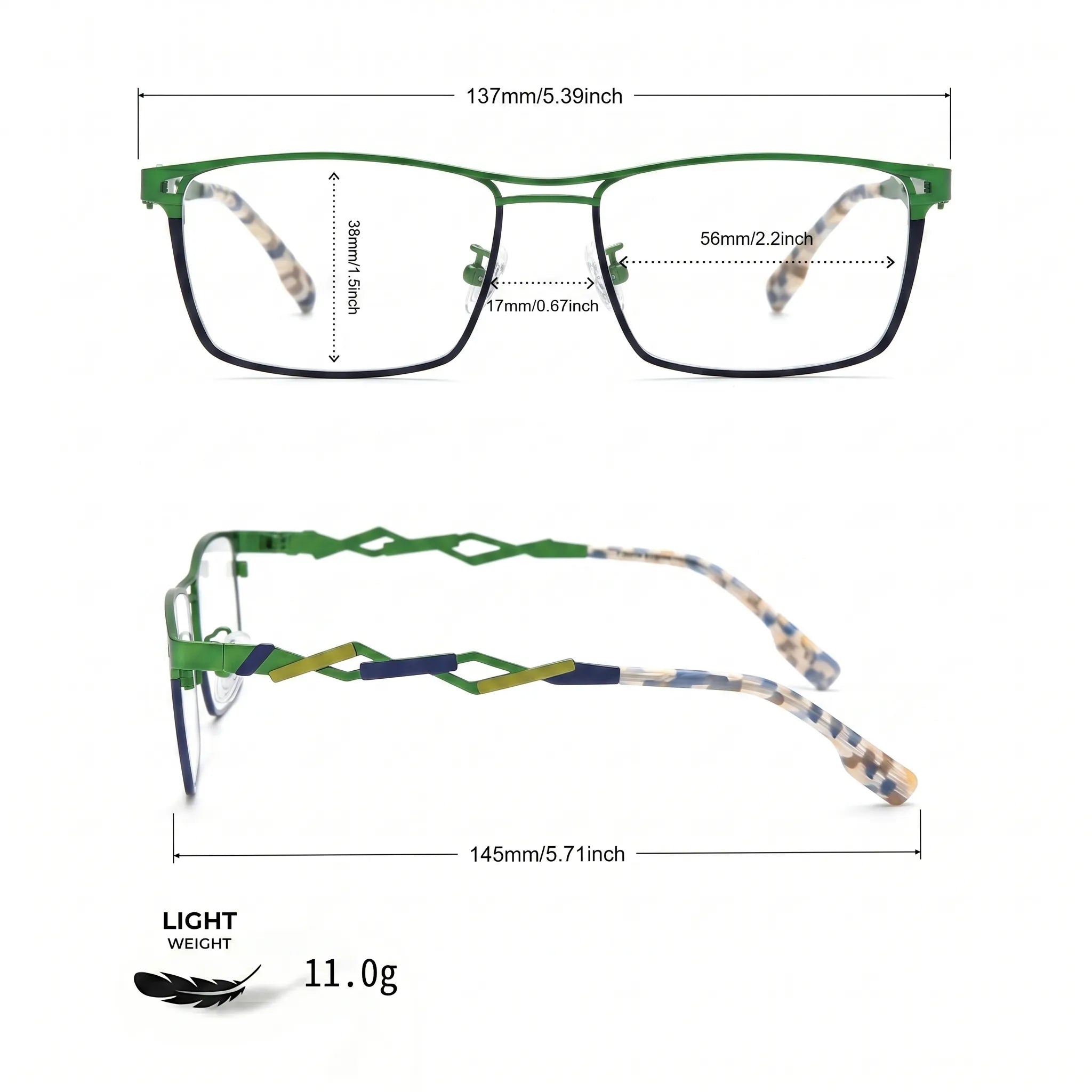 Barledear Meadow Navy Blue eyeglasses size chart with 137 mm frame width, 56 mm lens width, 38 mm lens height, 17 mm bridge, and 145 mm temple
