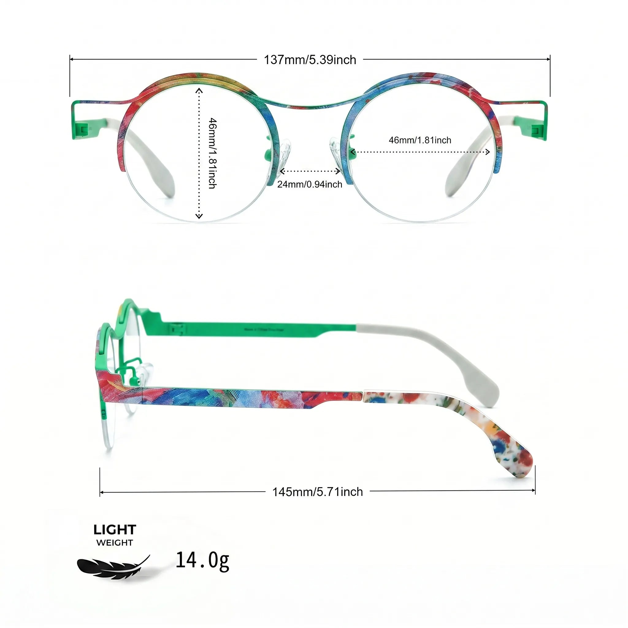Barledear Meadow Splash eyeglasses size chart with 137mm frame width, 46mm lens width, 24mm bridge, 145mm temple length, and 14.0g weight