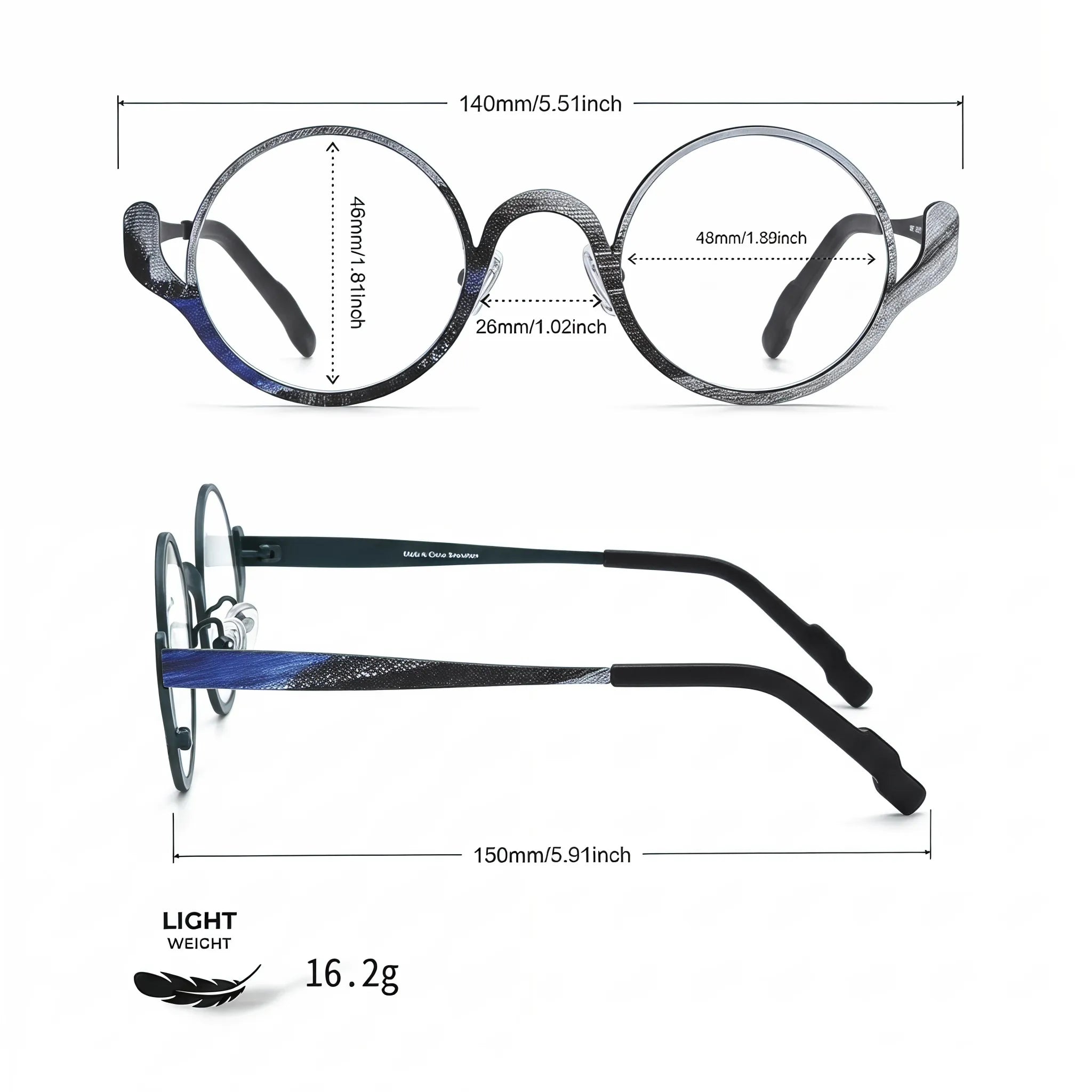 Barledear Midnight Graphite eyeglasses size chart showing 140mm frame width, 48mm lens width, 46mm lens height, 26mm bridge width, and 150mm temple length