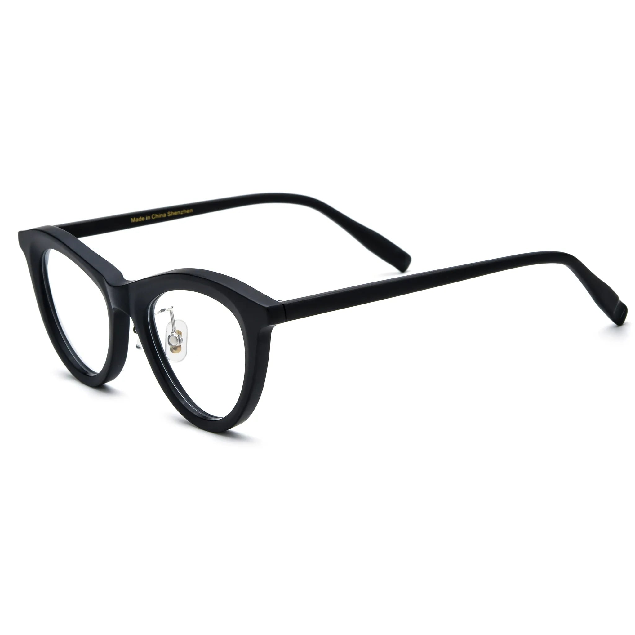 Barledear Midnight Matte cat-eye acetate eyeglasses angled side view showing the slim black temples and adjustable nose pads