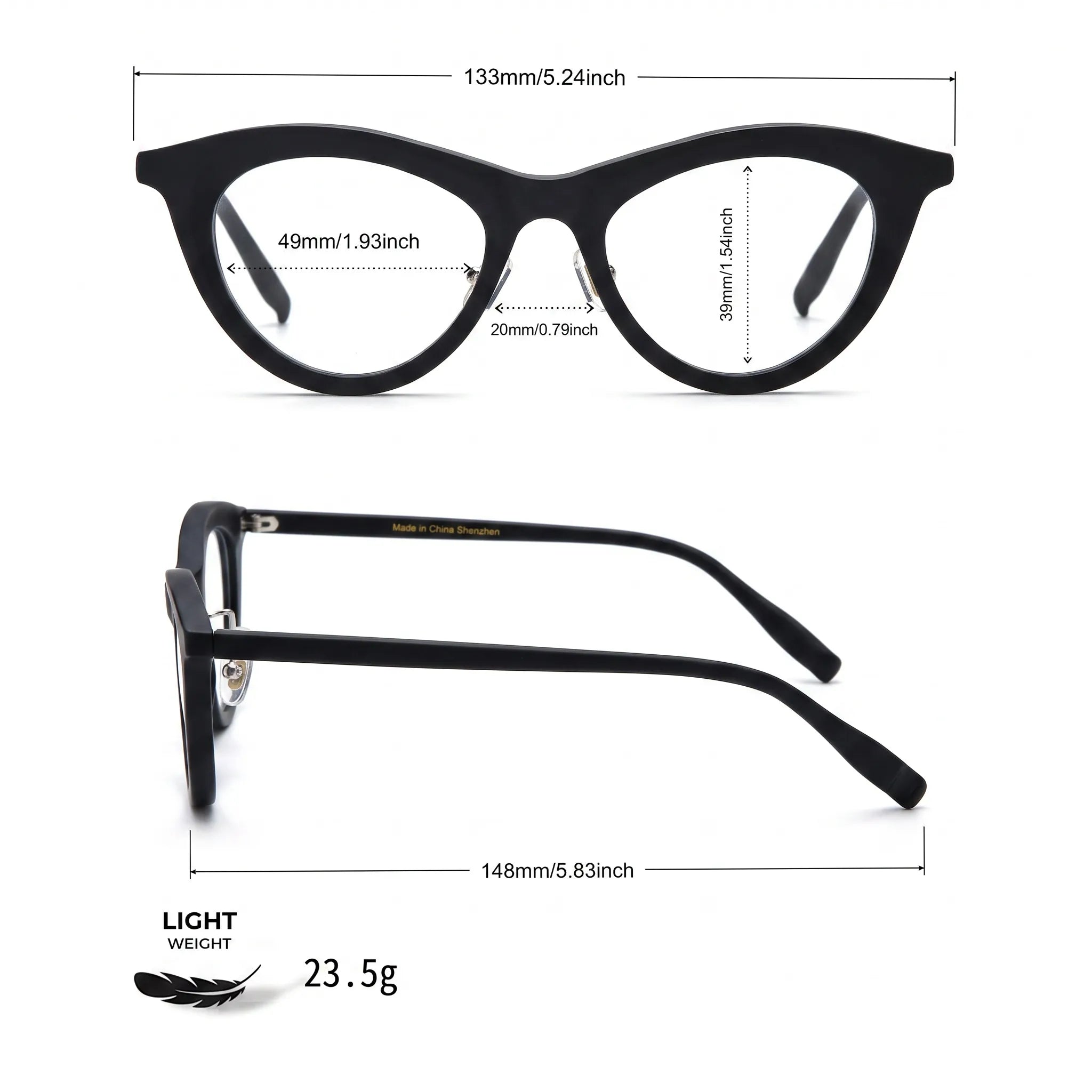 Barledear Midnight Matte cat-eye eyeglasses size chart showing 133 mm frame width, 49 mm lens width, 39 mm lens height, 20 mm bridge, and 148 mm temples
