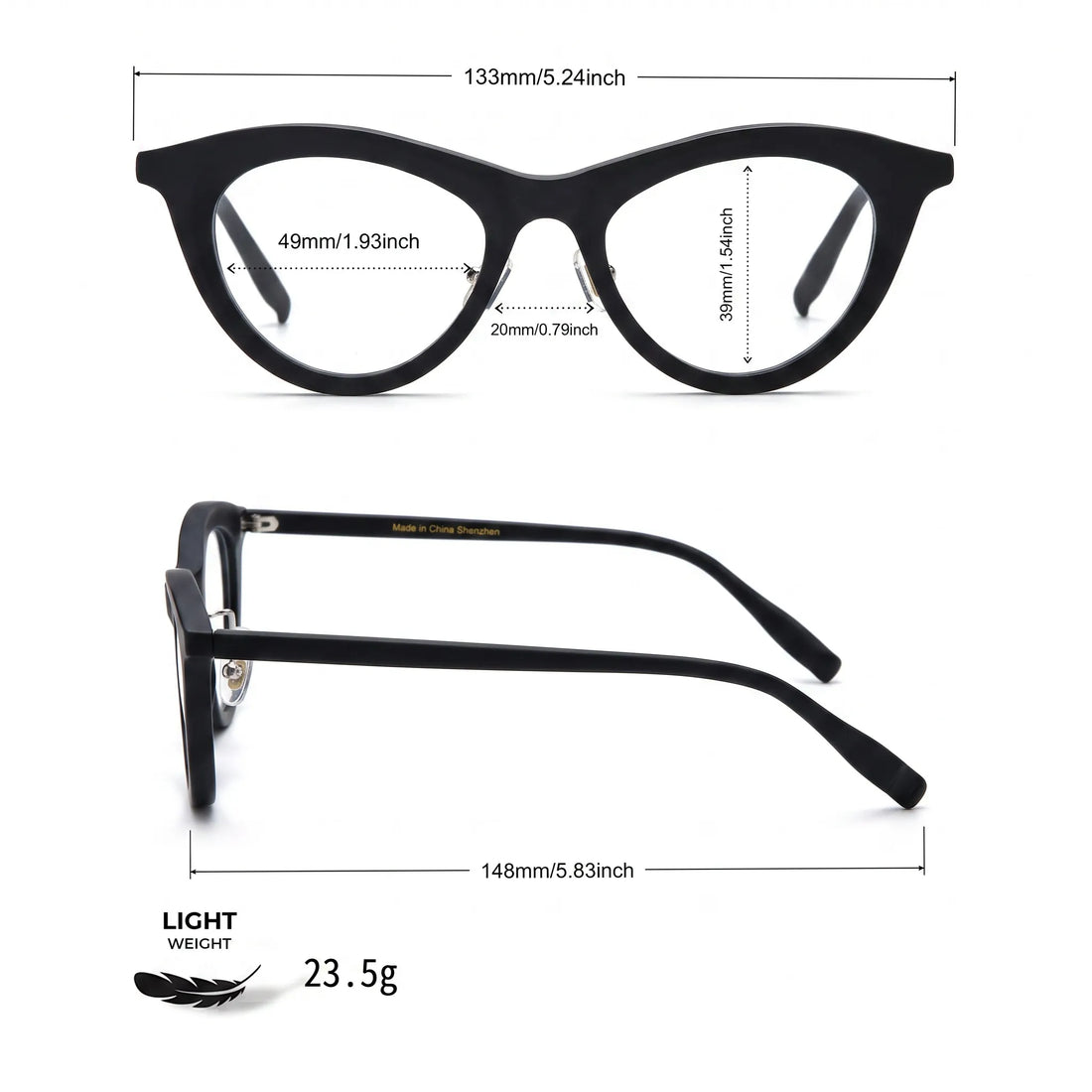 Barledear Midnight Matte cat-eye eyeglasses size chart showing 133 mm frame width, 49 mm lens width, 39 mm lens height, 20 mm bridge, and 148 mm temples