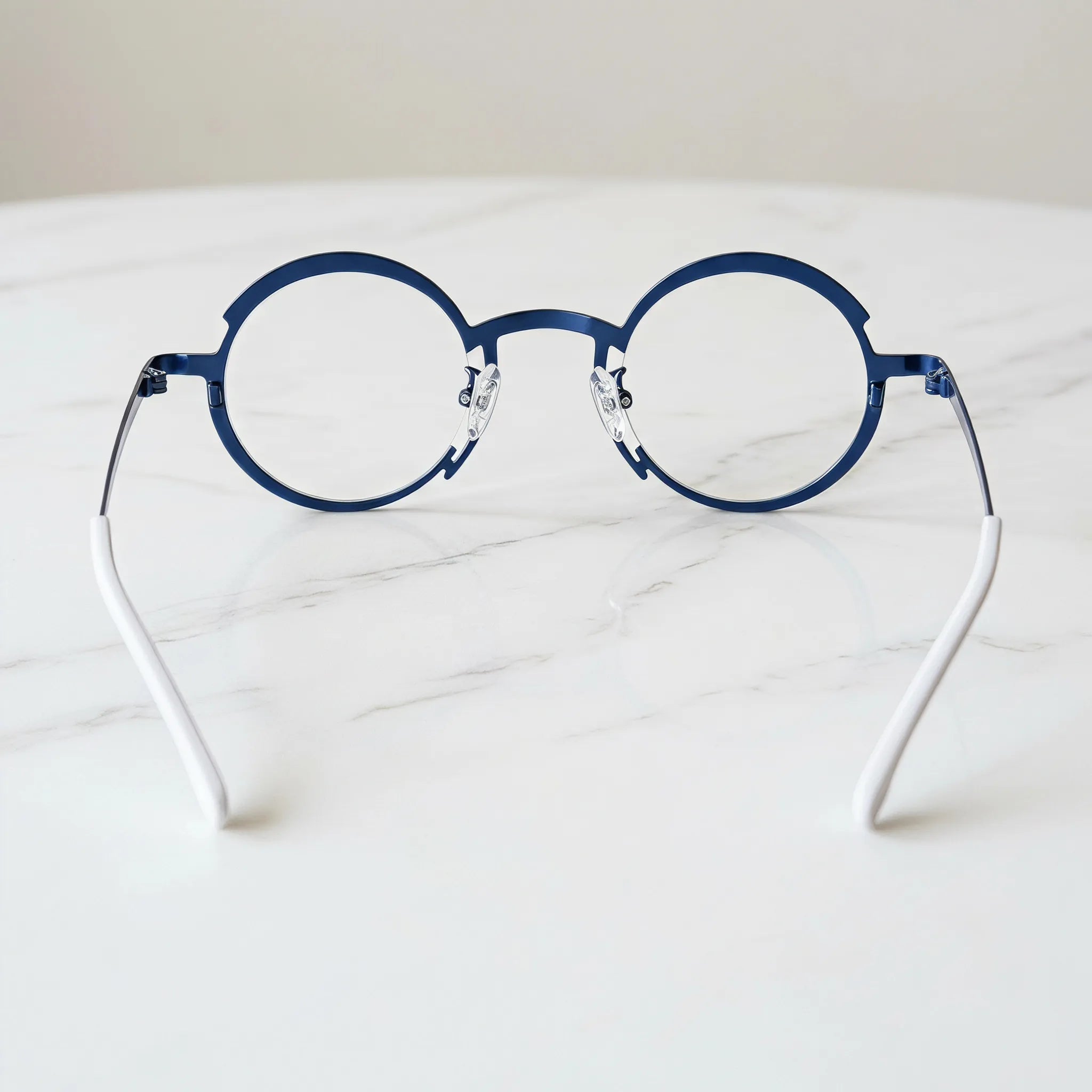 Barledear Midnight Navy Crimson Red eyeglasses back view showing the round full-rim frame structure, nose pads, temples, and color-block details