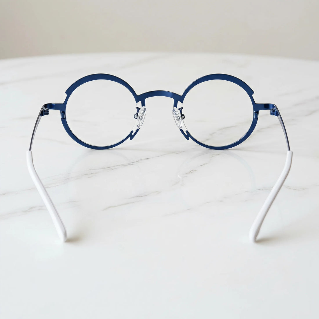 Barledear Midnight Navy Crimson Red eyeglasses back view showing the round full-rim frame structure, nose pads, temples, and color-block details