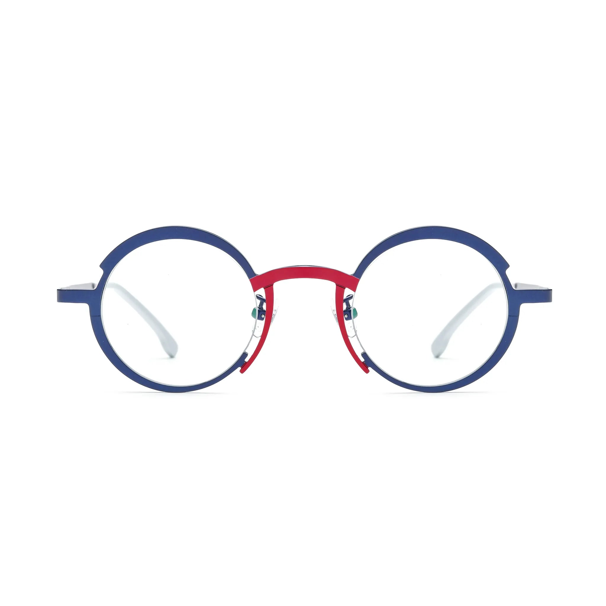 Barledear Midnight Navy Crimson Red eyeglasses front view with a lightweight pure titanium round frame and color-block bridge design