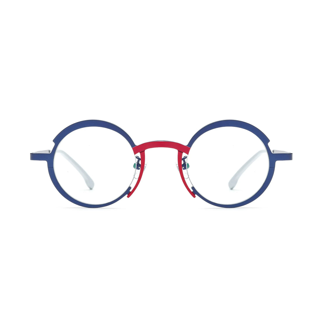 Barledear Midnight Navy Crimson Red eyeglasses front view with a lightweight pure titanium round frame and color-block bridge design