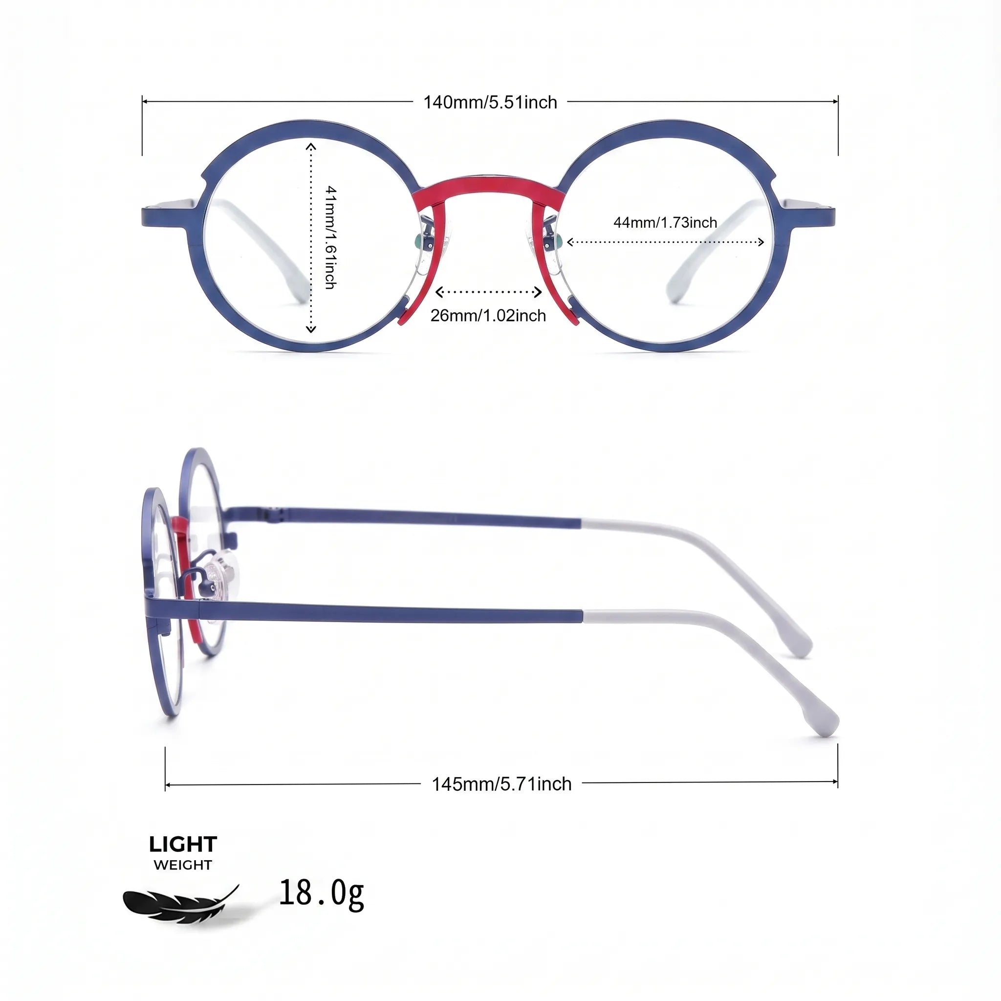 Barledear Midnight Navy Crimson Red eyeglasses size chart with 140 mm frame width, 44 mm lens width, 41 mm lens height, 26 mm bridge, and 145 mm temple length