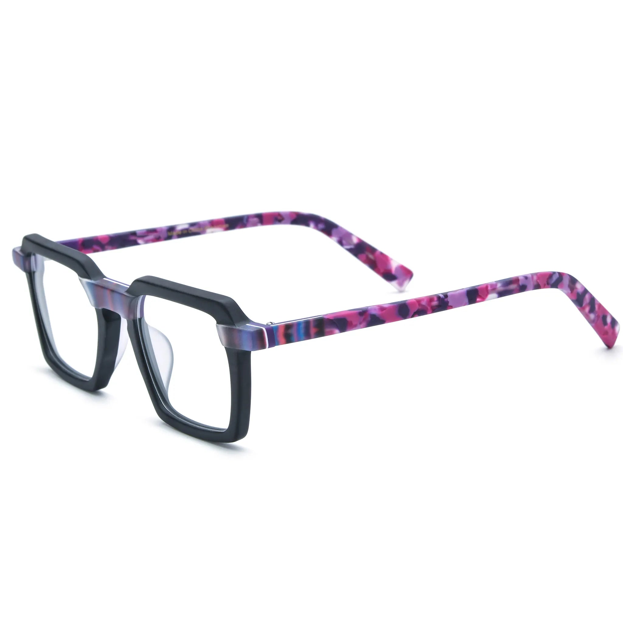 Barledear Midnight Orchid square eyeglasses angled side view showing black acetate and orchid purple temple details