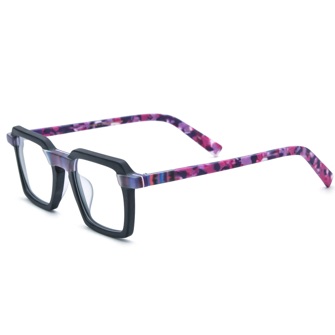 Barledear Midnight Orchid square eyeglasses angled side view showing black acetate and orchid purple temple details