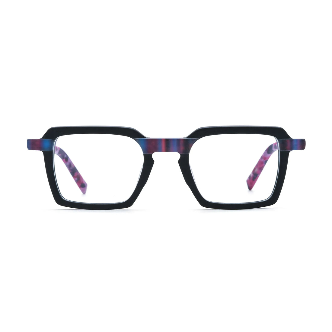 Barledear Midnight Orchid square eyeglasses front view with a matte black frame and purple patterned accents