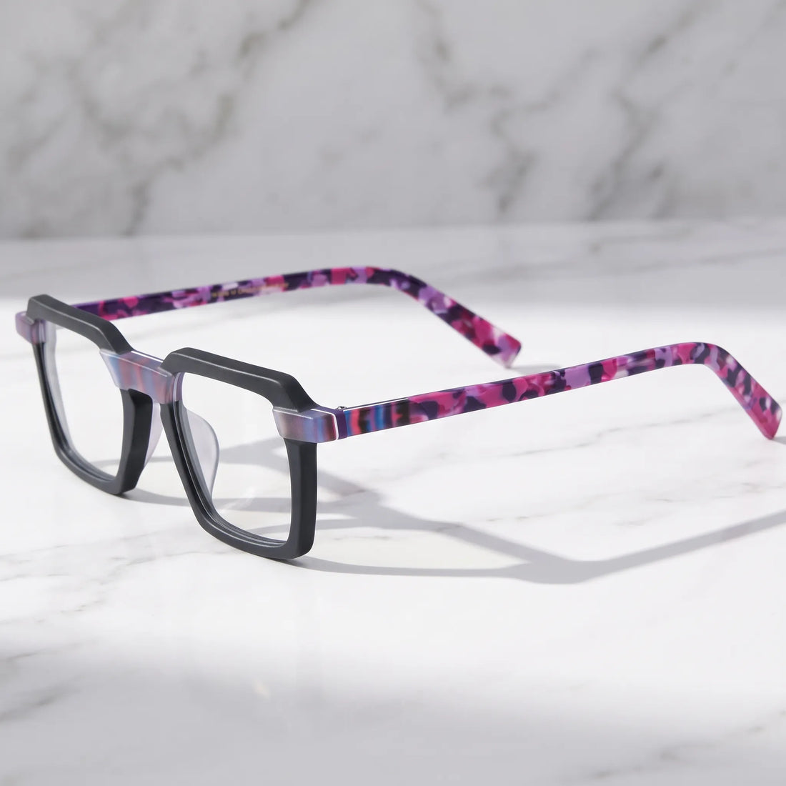 Barledear Midnight Orchid square eyeglasses angled side view showing black acetate and orchid purple temple details