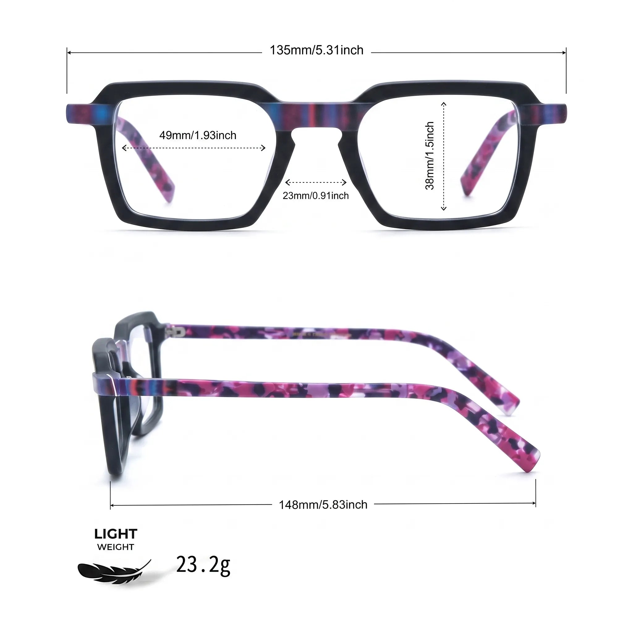 Barledear Midnight Orchid eyeglasses size chart showing 135 mm frame width and 49-23-148 measurements