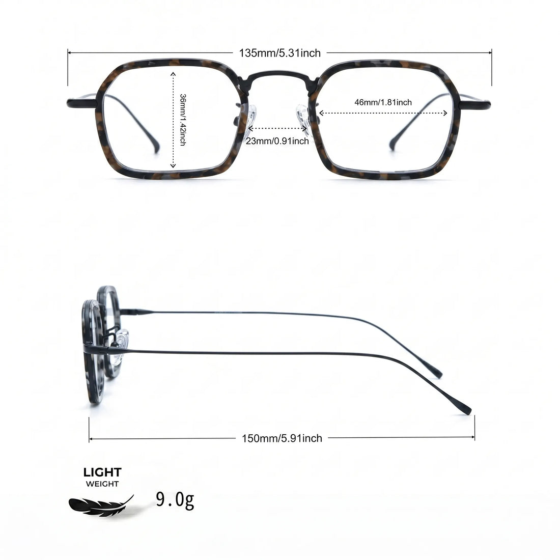 Barledear Midnight Tortoise Black eyeglasses size chart with frame width lens width bridge and temple measurements