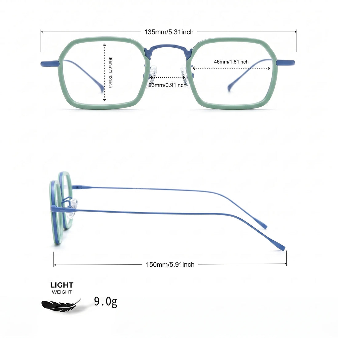 Barledear Mint Sky Blue eyeglasses size chart with frame width lens width bridge and temple measurements