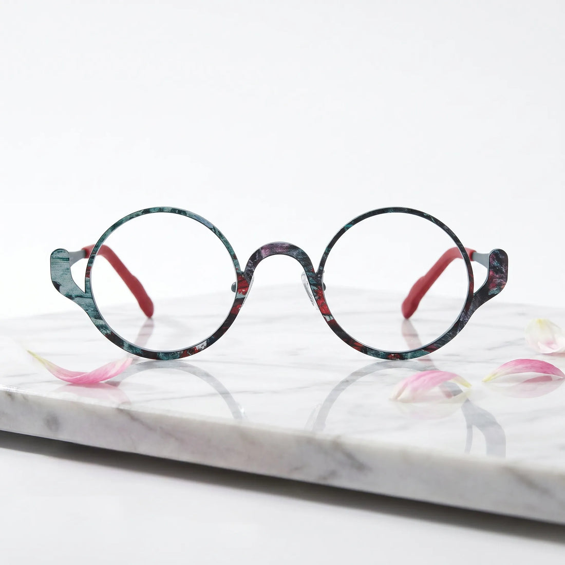Barledear Mosaic Jade eyeglasses shown in a clean lifestyle front view highlighting the artistic round pure titanium frame and modern everyday style