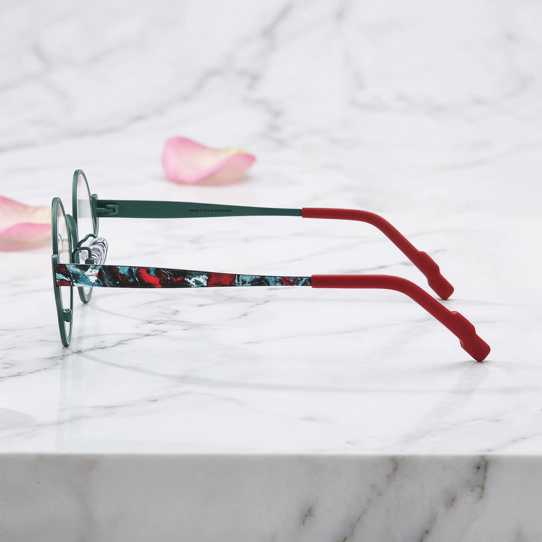 Barledear Mosaic Jade eyeglasses angled side view showing slim temples, adjustable nose pads, and a lightweight round full-rim titanium frame