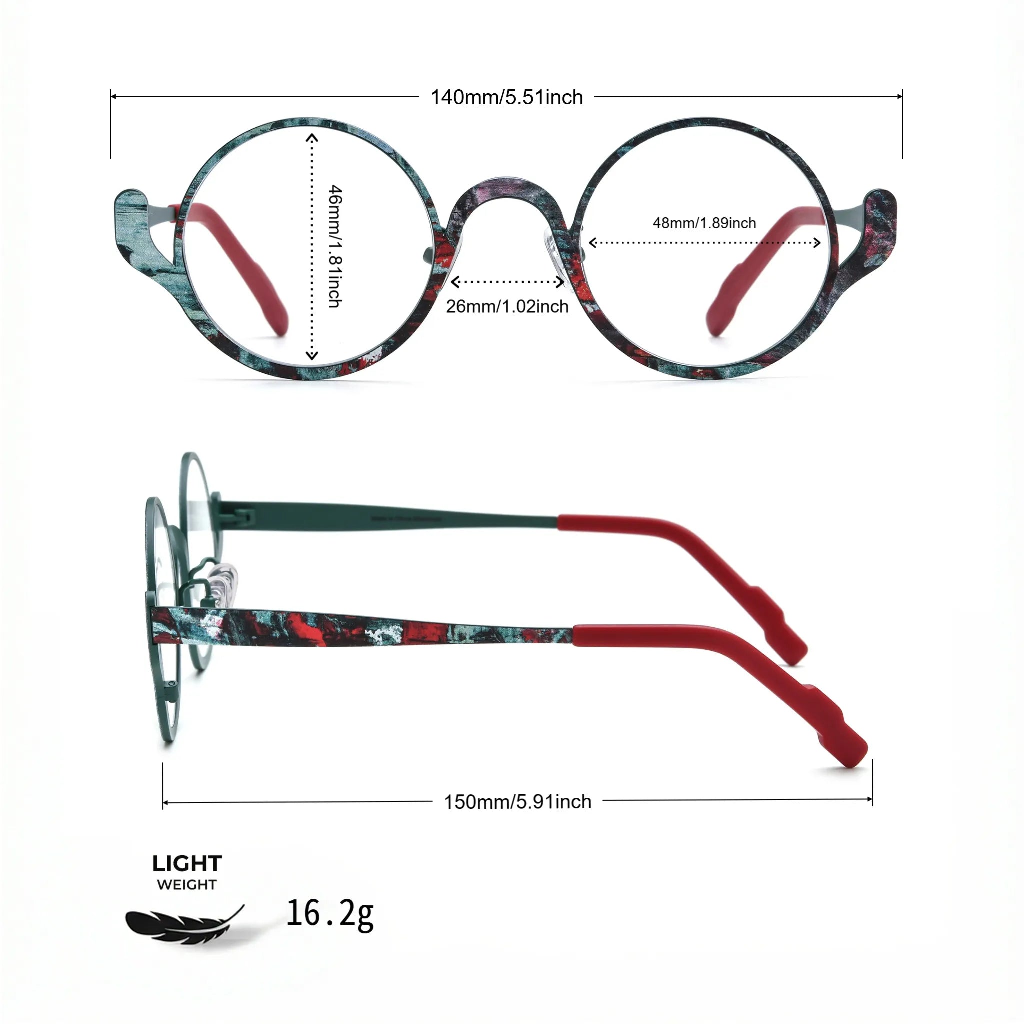 Barledear Mosaic Jade eyeglasses size chart showing 140mm frame width, 48mm lens width, 46mm lens height, 26mm bridge width, and 150mm temple length
