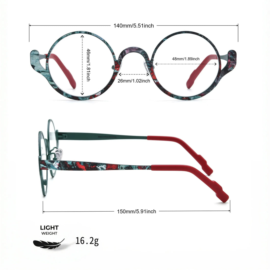 Barledear Mosaic Jade eyeglasses size chart showing 140mm frame width, 48mm lens width, 46mm lens height, 26mm bridge width, and 150mm temple length