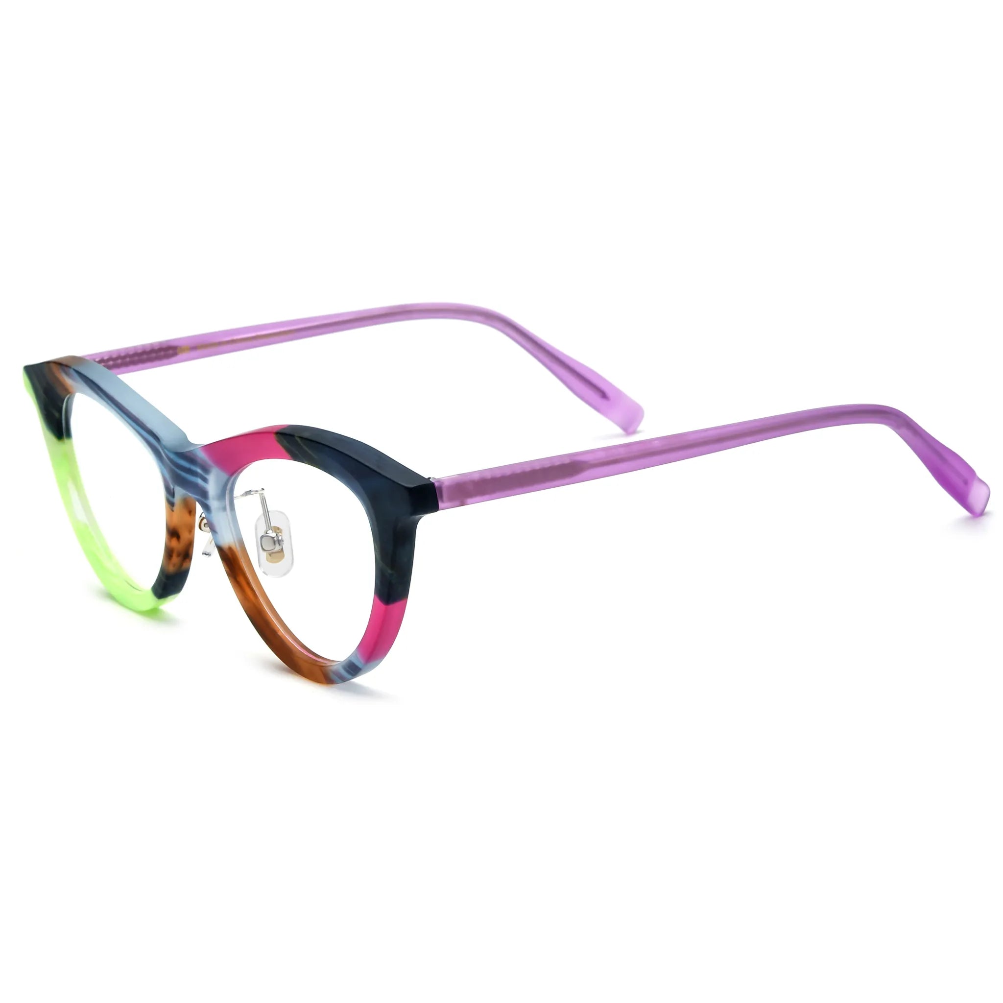 Barledear Neon Smoke Mosaic cat-eye acetate eyeglasses angled side view showing the patterned frame and translucent purple temples