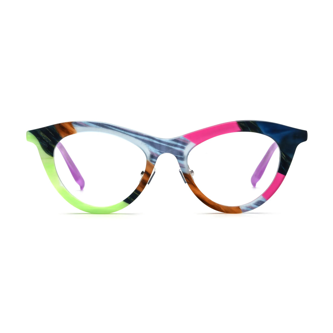 Barledear Neon Smoke Mosaic cat-eye acetate eyeglasses front view with smoky blue, brown, pink, black, and neon green patchwork colors