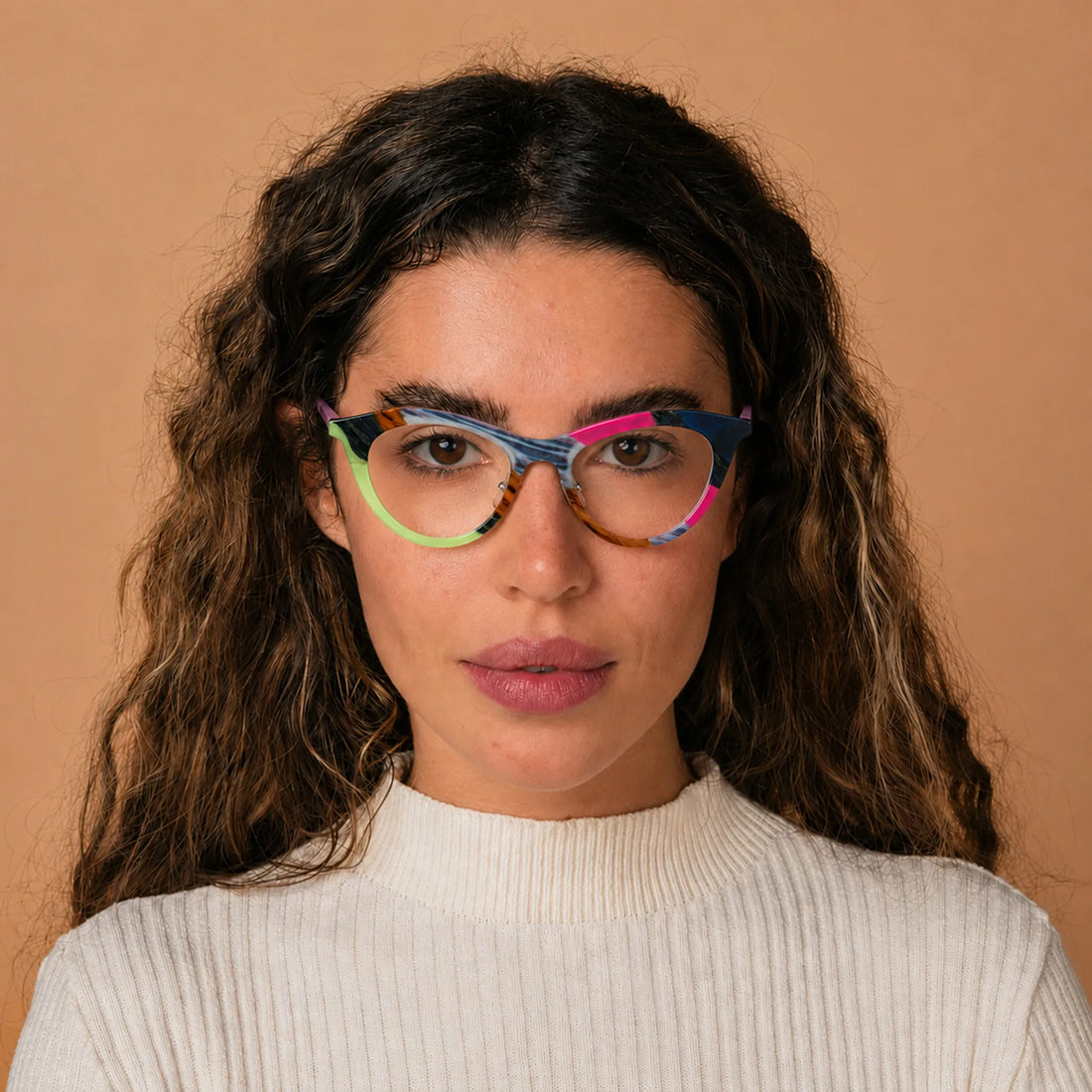 Model wearing Barledear Neon Smoke Mosaic cat-eye acetate eyeglasses in a front-facing lifestyle portrait