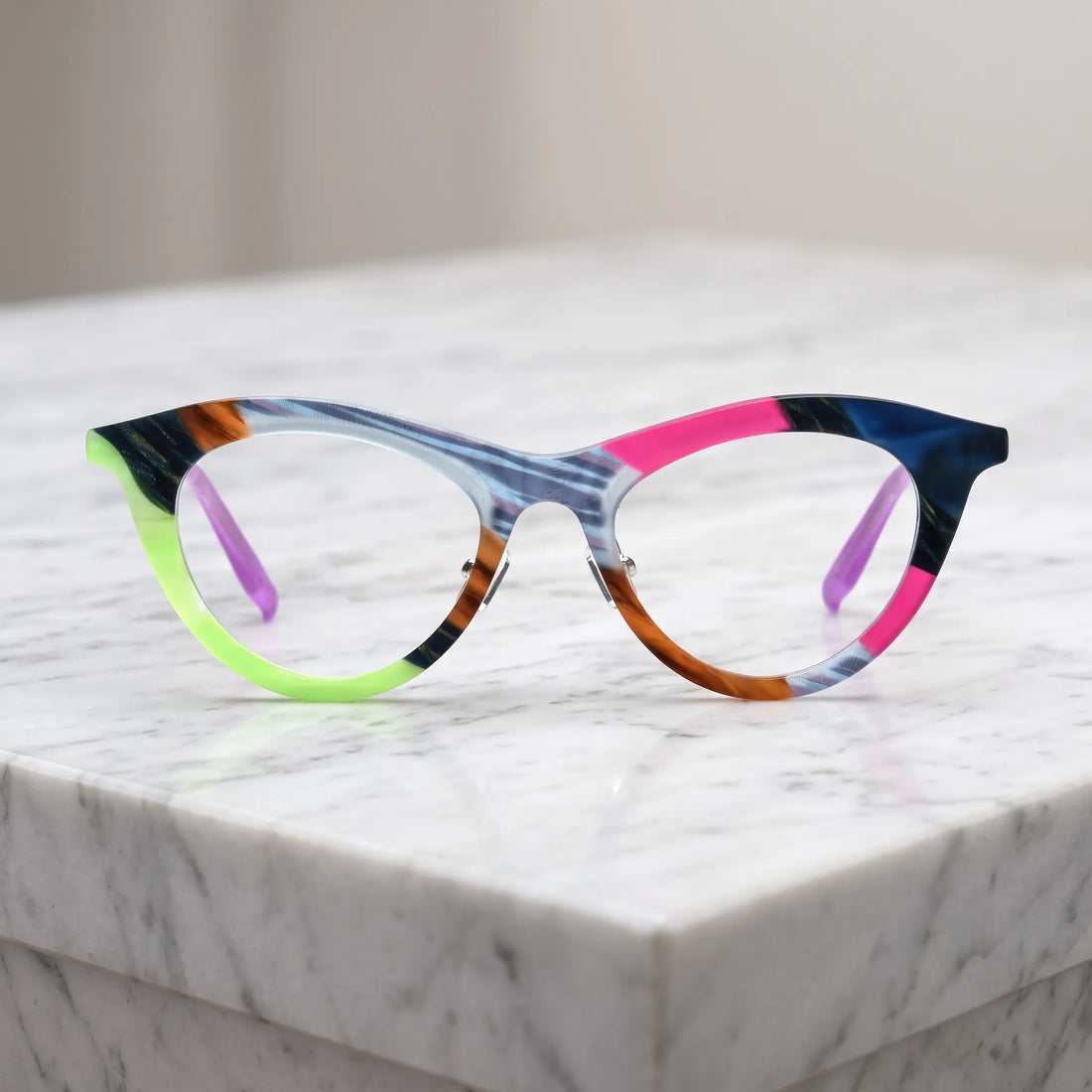 Barledear Neon Smoke Mosaic cat-eye acetate eyeglasses shown in a clean lifestyle front view with artistic multicolor detailing