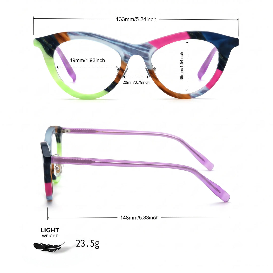 Barledear Neon Smoke Mosaic cat-eye eyeglasses size chart showing 133 mm frame width, 49 mm lens width, 39 mm lens height, 20 mm bridge, and 148 mm temples