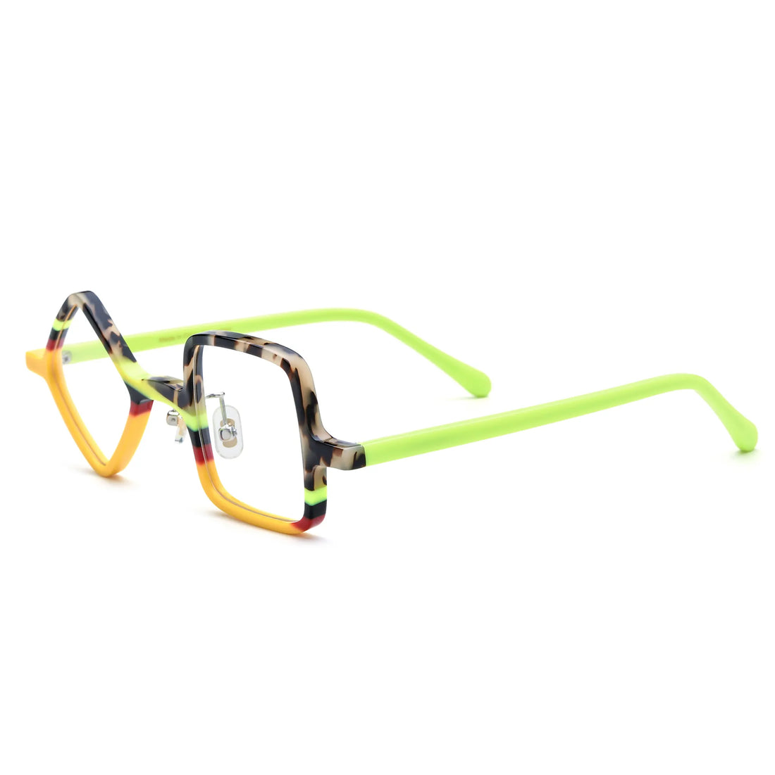 Barledear Neon Tortoise asymmetric geometric acetate eyeglasses angled side view showing the yellow tortoiseshell frame, metal hinges, and bright lime temples.