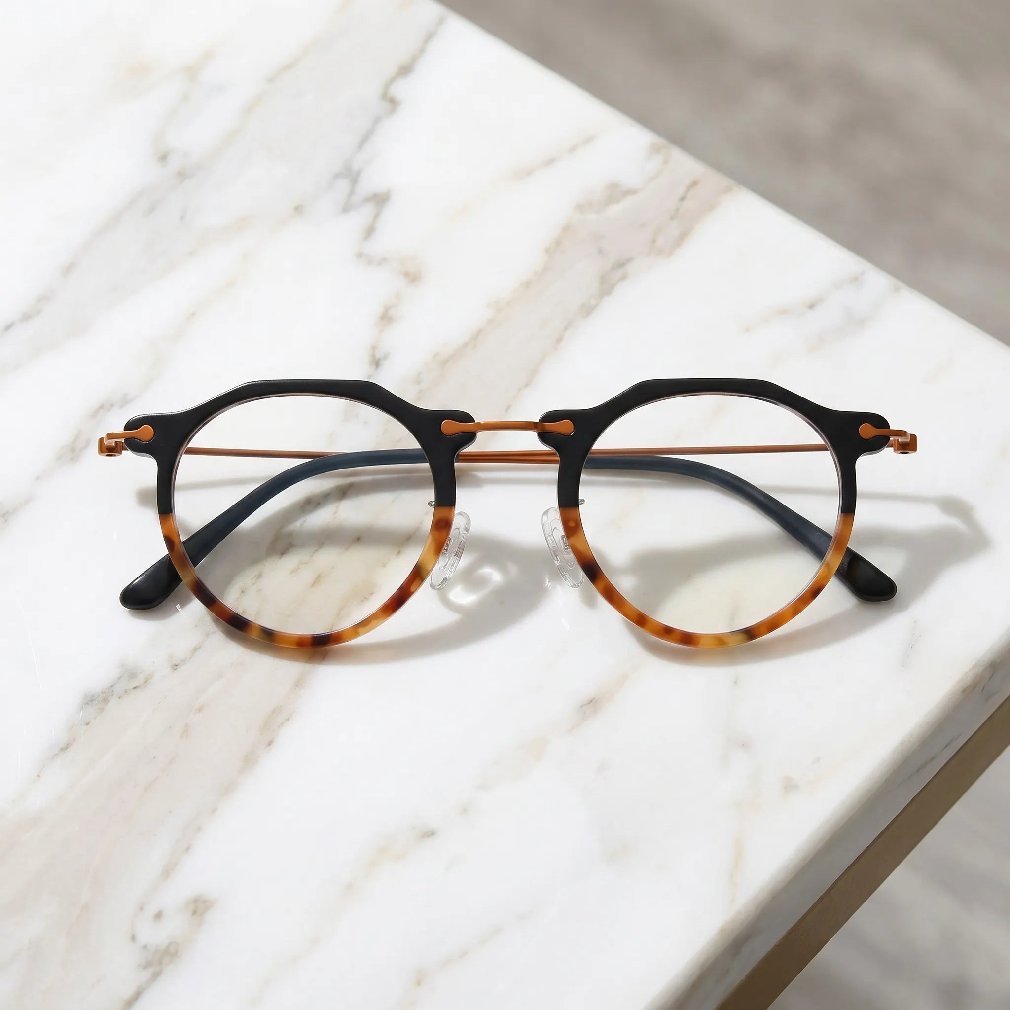 Barledear Noir Amber eyeglasses folded display showing acetate front slim metal temples and acetate temple tips