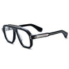 Barledear Obsidian Black eyeglasses angled side view showing polished black temples, silver-tone linear inlays and metal screw hinges