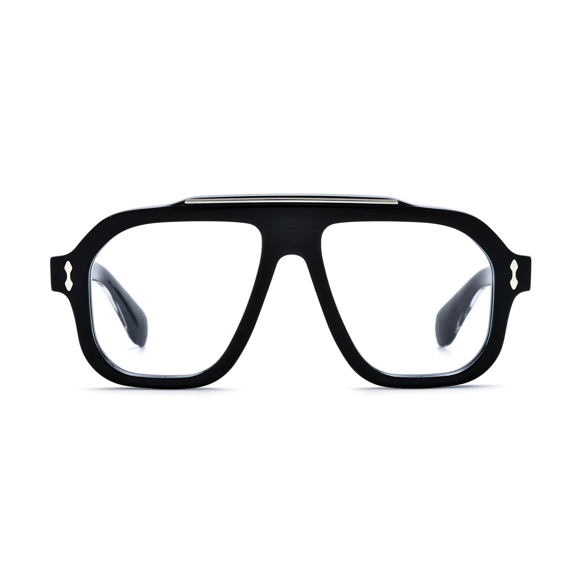 Barledear Obsidian Black square aviator acetate eyeglasses front view with solid black frame and silver-tone metal brow accent