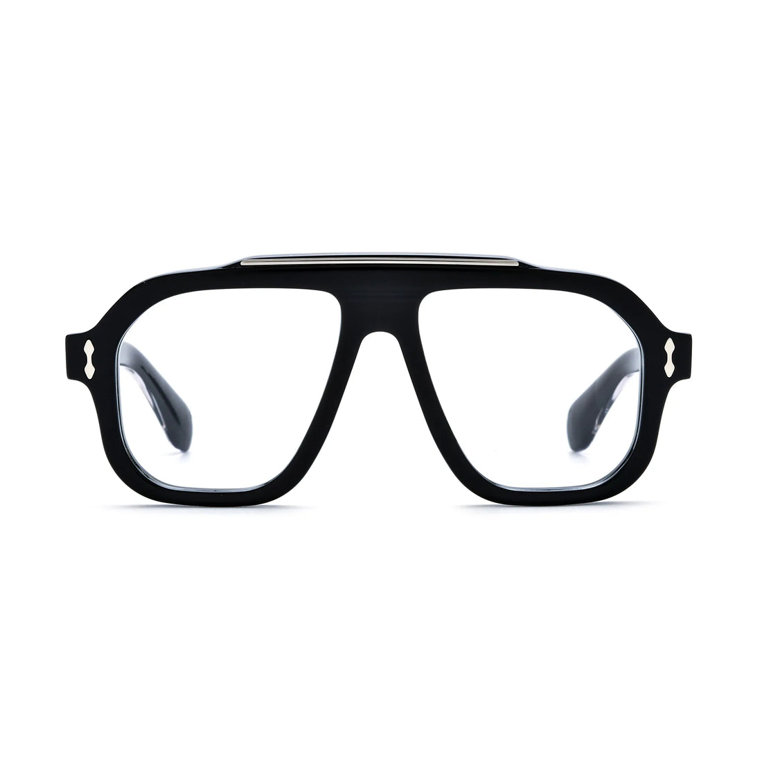 Barledear Obsidian Black square aviator acetate eyeglasses front view with solid black frame and silver-tone metal brow accent