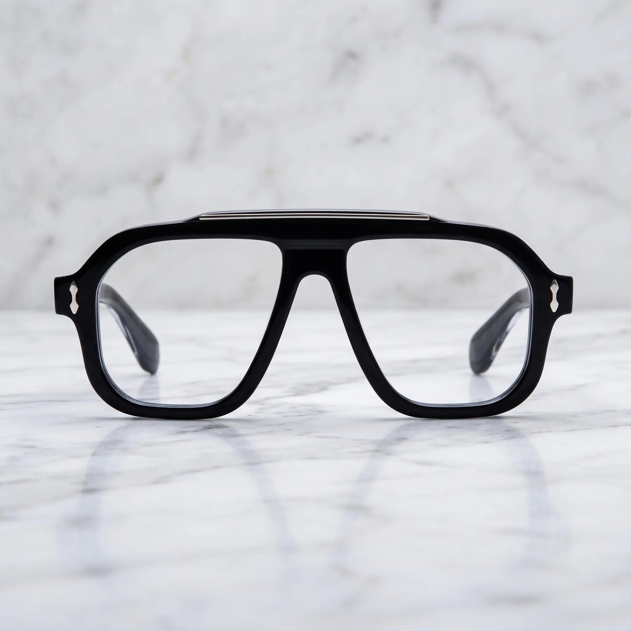 Barledear Obsidian Black square aviator acetate eyeglasses displayed in a clean lifestyle front view with polished solid black finish