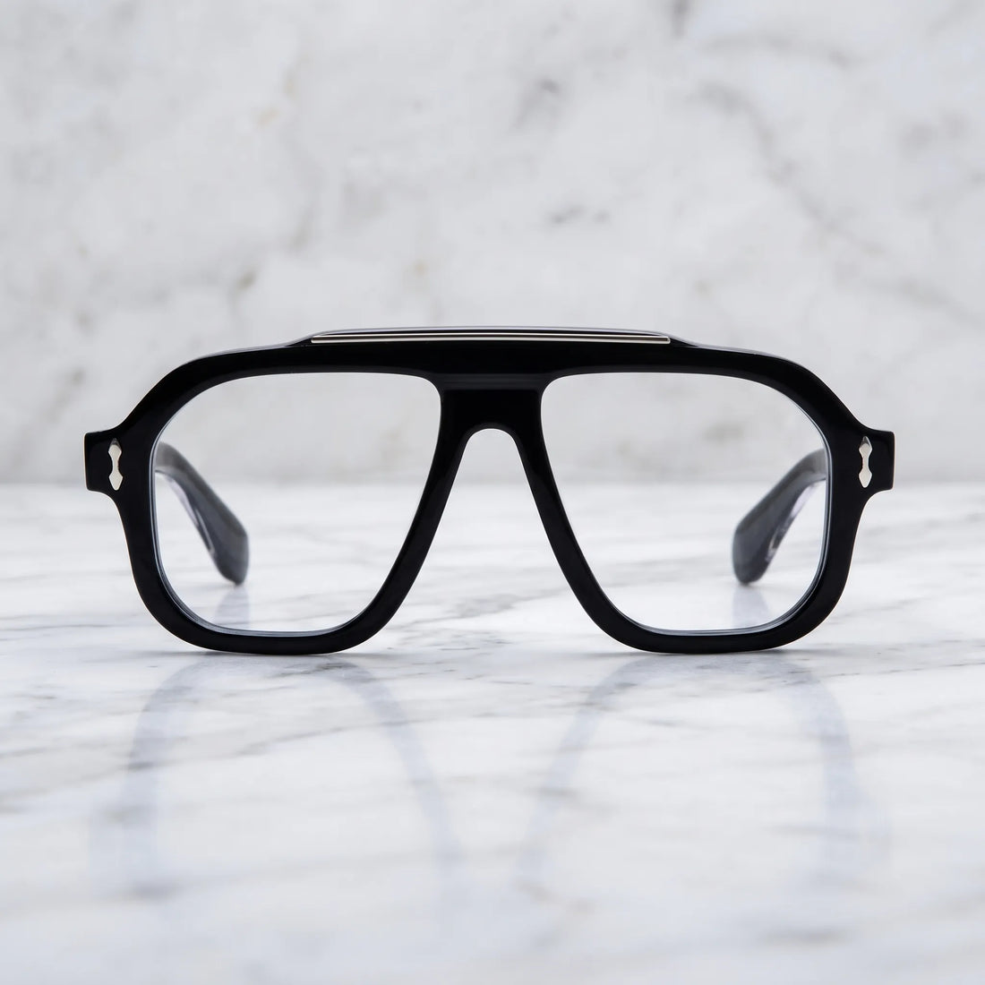 Barledear Obsidian Black square aviator acetate eyeglasses displayed in a clean lifestyle front view with polished solid black finish