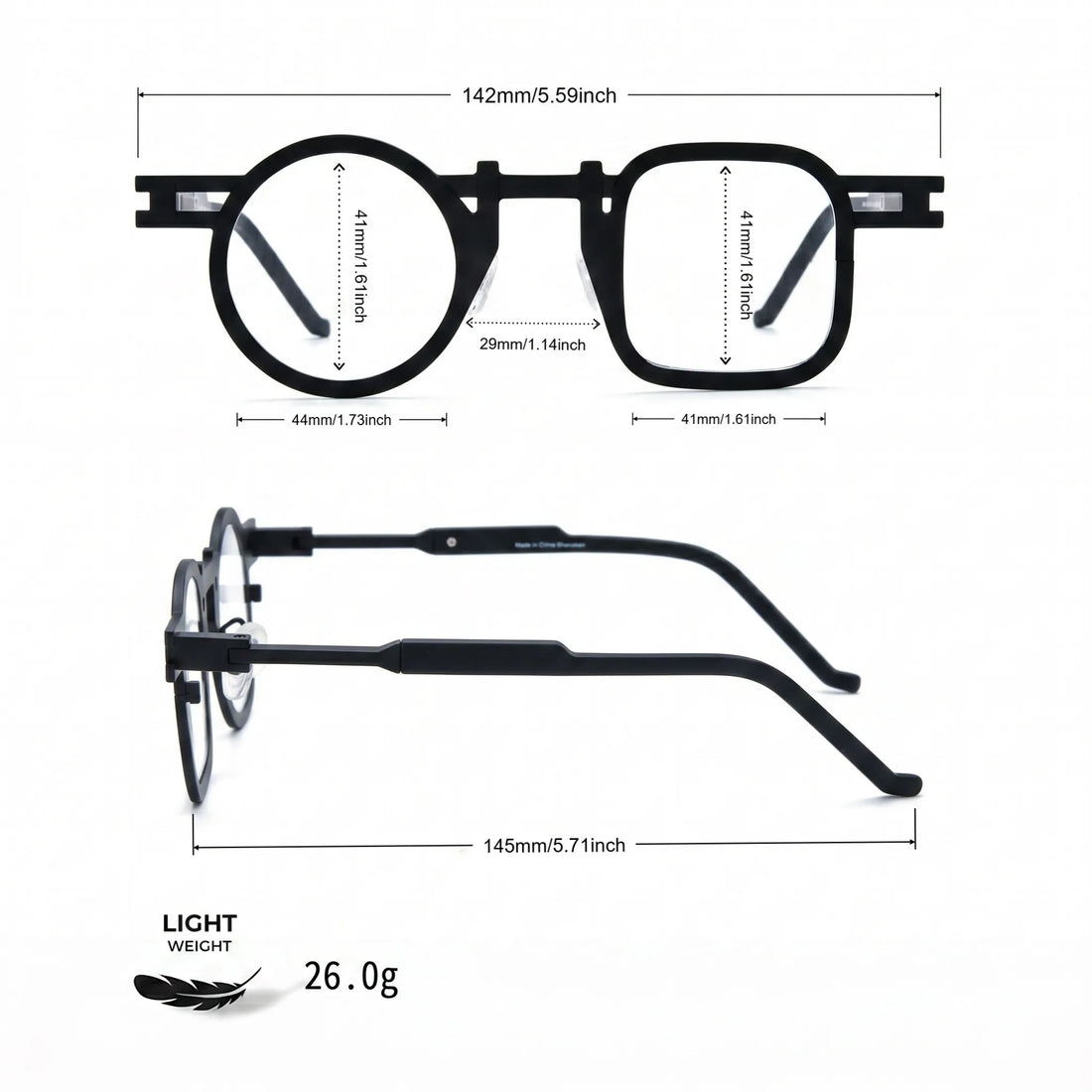 Barledear Obsidian Black eyeglasses size chart showing 142mm frame width, 44mm left lens width, 41mm right lens width, 41mm lens height, 29mm bridge, and 145mm temple