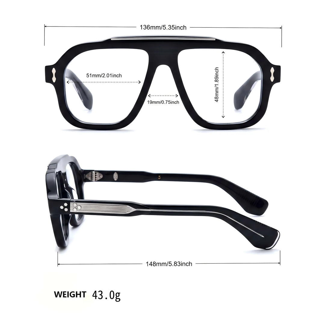 Barledear Obsidian Black eyeglasses size chart showing 136 mm frame width, 51 mm lens width, 48 mm lens height, 19 mm bridge, 148 mm temple length and 43 g weight