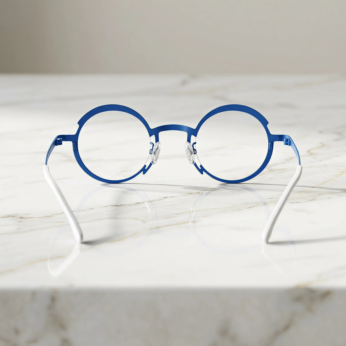 Barledear Ocean Blue Sunshine Yellow eyeglasses back view showing the round full-rim frame structure, nose pads, temples, and color-block details