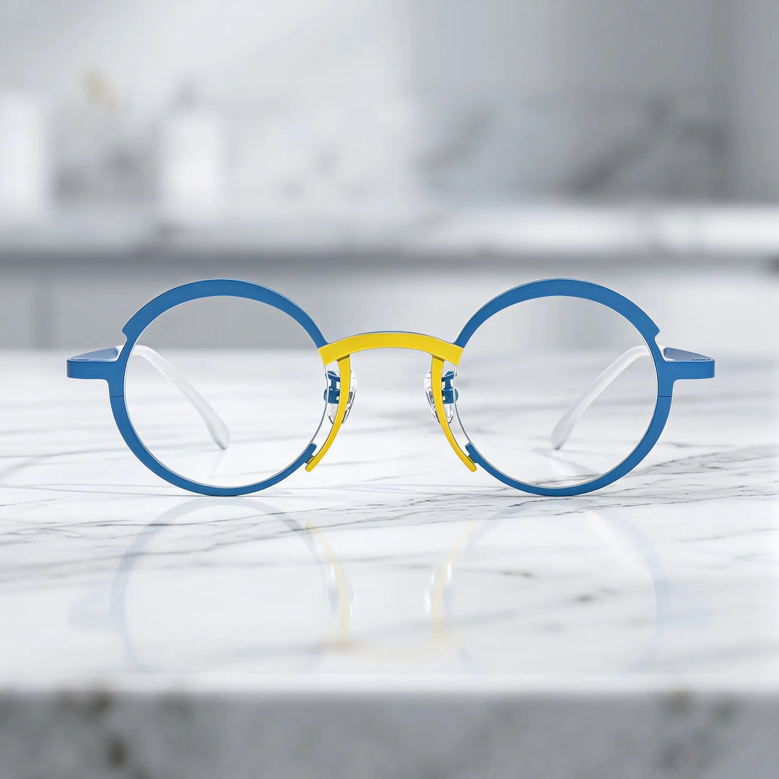 Barledear Ocean Blue Sunshine Yellow eyeglasses lifestyle front view showing the artistic round titanium frame and contrasting color details