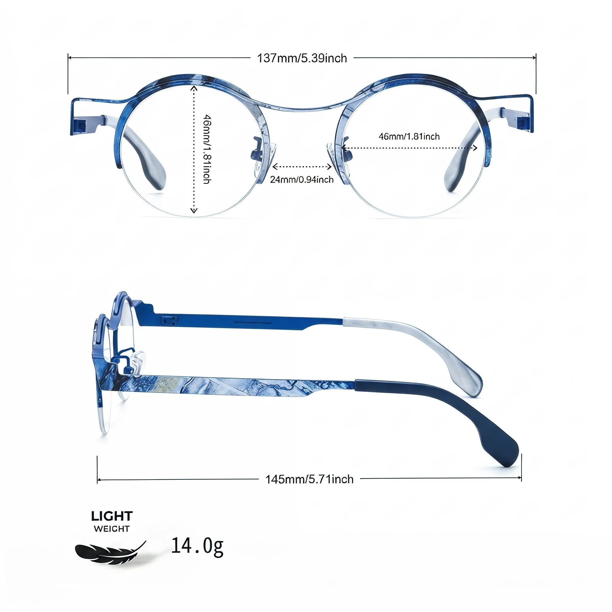 Barledear Ocean Marble eyeglasses size chart with 137mm frame width, 46mm lens width, 24mm bridge, 145mm temple length, and 14.0g weight