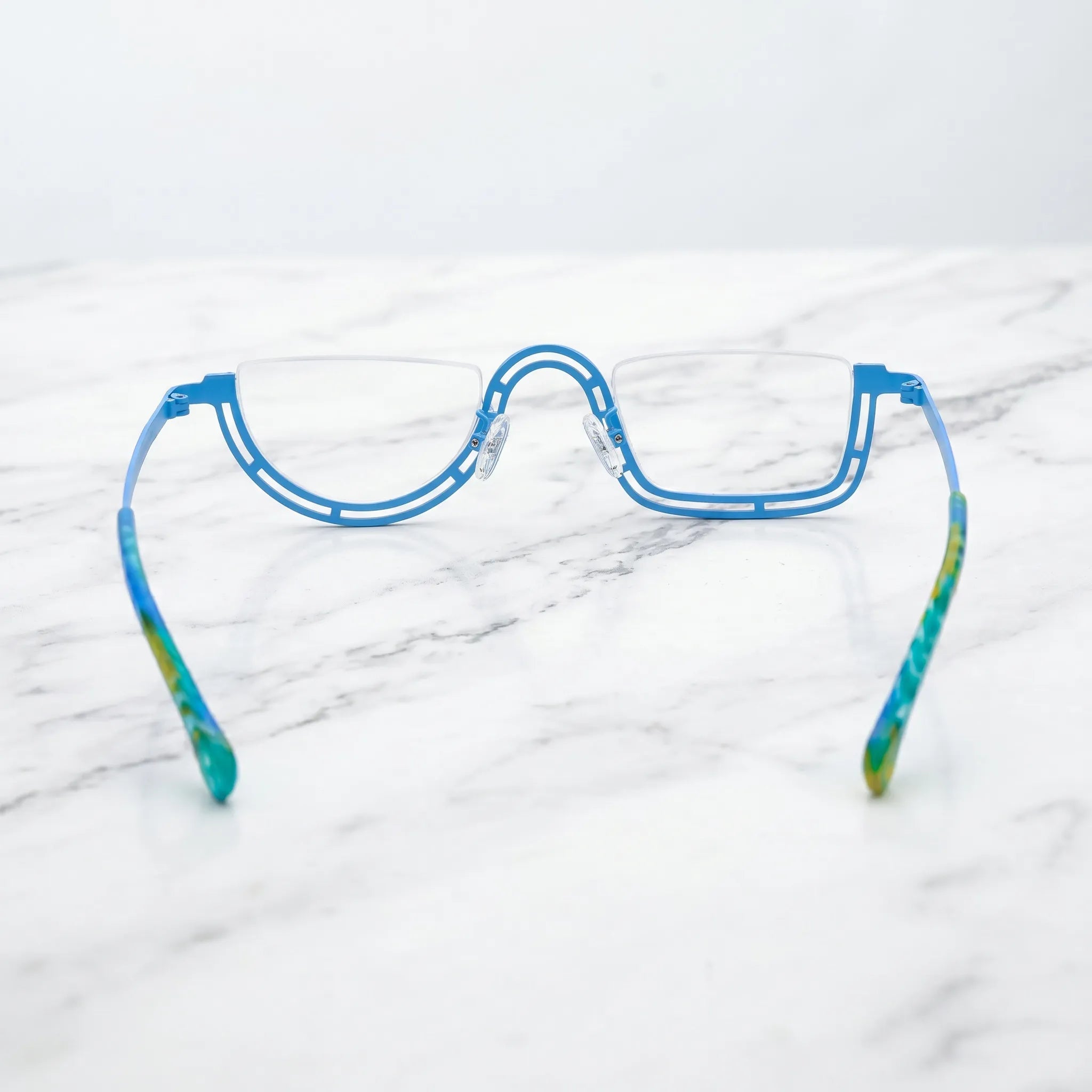 Barledear Ocean Mosaic Blue eyeglasses back view showing temple shape and semi-rim frame structure